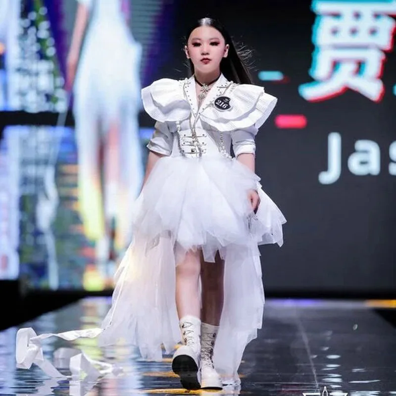 Girls Jazz Dance Clothes Kids Model Modern Catwalk Show Stage Performance Costumes White Elegant Dress Hip Hop Street Outfits