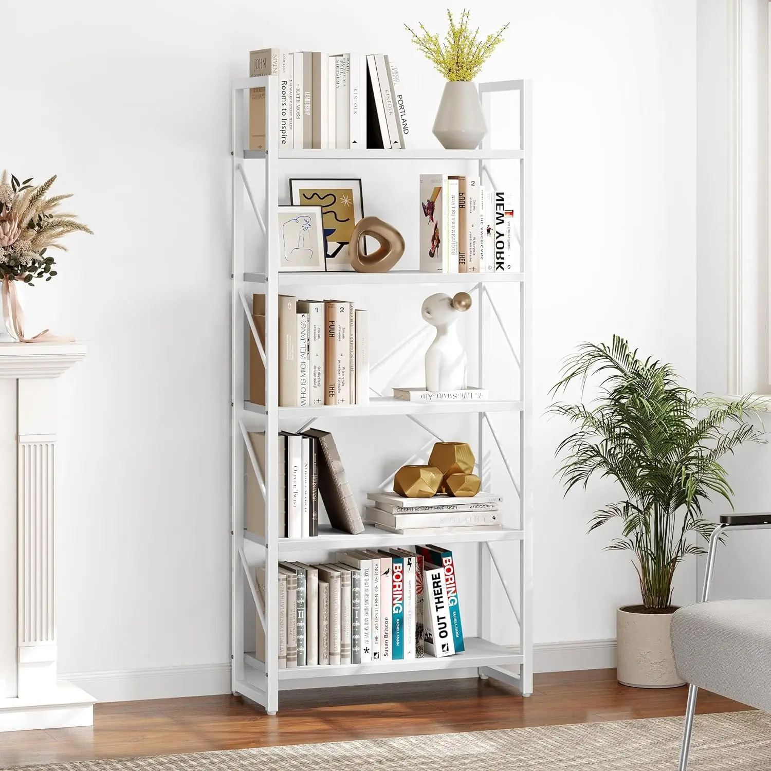 5 Tiers Bookshelf, Modern White Bookcase, Book Holder Organizer, Display Storage Rack Standing Shelves for Bedroom Living Room