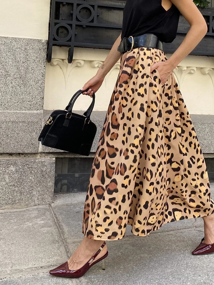 Fashion Streetwear A-line Hem Party Skirts Vintage Leopard Print Pleated Skirt 2024 Women Elegant High Waist Loose Long Skirts