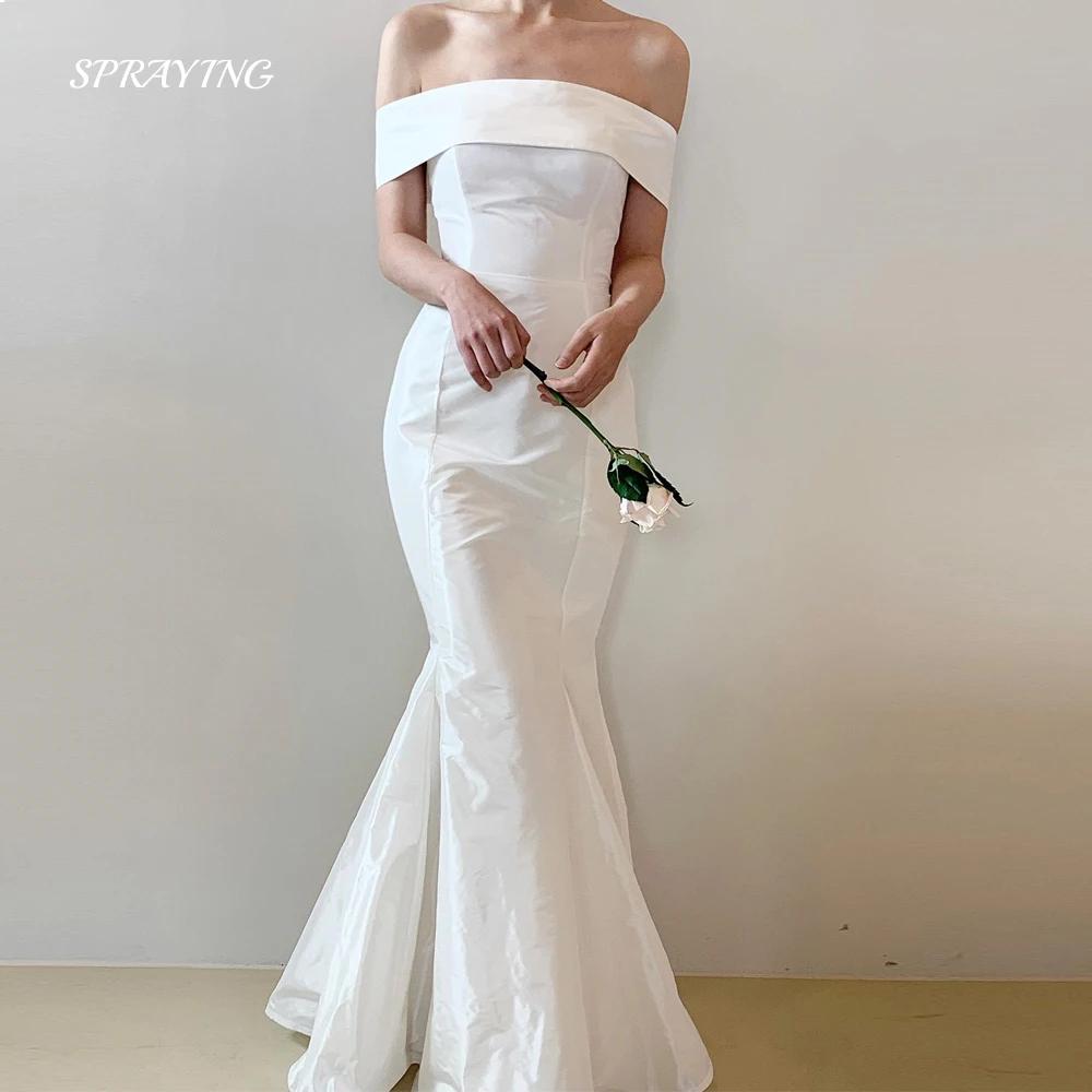 

SPRAYING Simple Off Shoulder Mermaid Wedding Dress Korea Photoshoot Short Sleeve Taffeta Bridal Gown Floor Length Evening Dress