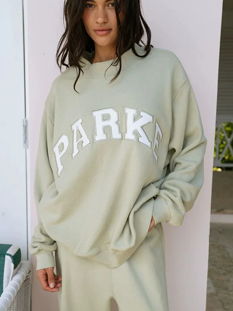 Embroidered Letter Patchwork High Collar Sweatshirt for Women Autumn New Style Standard Fit Cotton Long Sleeve round Neck