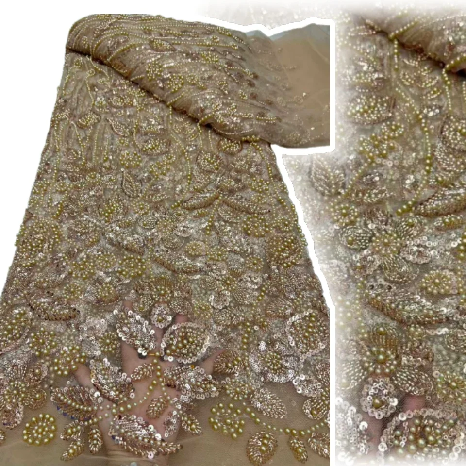 White Beads Lace Fabric 2025 High Quality Nigerian Sequins Beads Lace Fabric French Laces Fabrics for Party Dress Sew CC1580