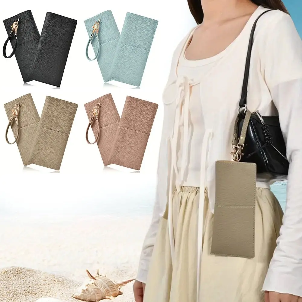 

PU Leather Sunglasses Storage Bag Solid Color Durable Sunglasses Pouch with Lanyard Portable Hanging Sunglasses