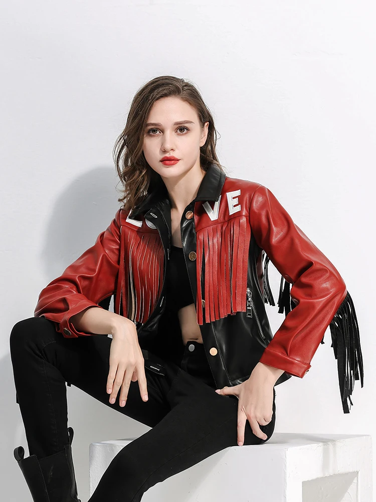 Slim Women Red White Contast Faux Leather Jacket Spring Autumn Fashion Streetwear High Waist Patchwork Motorcycle Coat