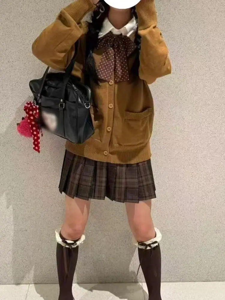 

Осень-зима карамельный Cruller Jk открытый кардиган свитер Campus Sle милый длинный светящийся вязаный топ универсальный модный комплект женский...