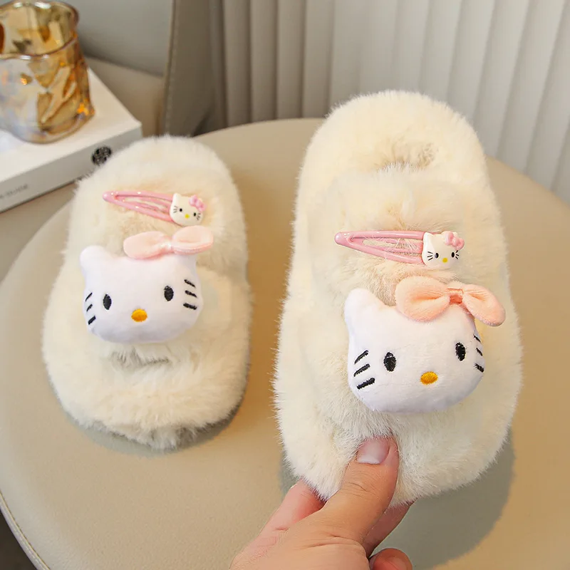 

Детские тапочки, домашняя обувь, зимняя обувь с открытым носком из мультфильма «Hello Kitty» для девочек, теплая нескользящая розовая, белая обувь