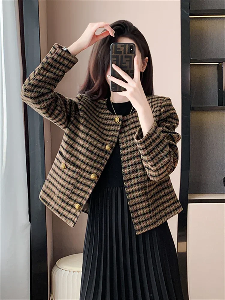 New Elegant Plaid Tweed Jacket Women Vintage Small Fragrant O-neck Long Sleeve Woolen Coat Fashion Office Lady Outwear Clothing