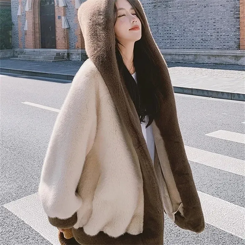 2023 Winter Fur Coat Women Leopard Print Mink Fur Plush Jacket Women Long Hooded Korean Loose Thick Warm Female Parker Jacket