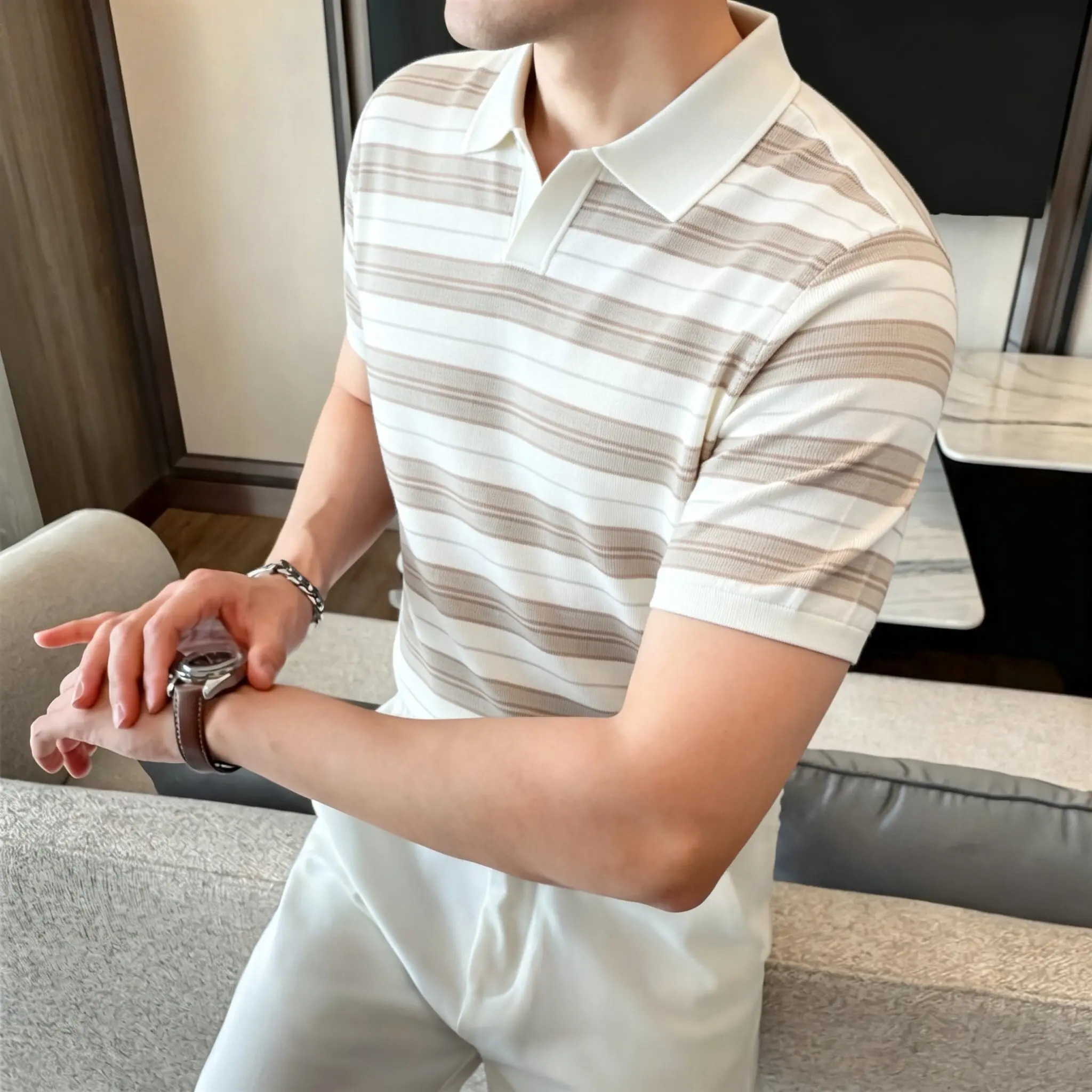 British Style Lapel Polo Shirt for Men Summer  Short Sleeve Loose Casual T-shirt Ice Silk Knitted Business Social Polo T-shirts