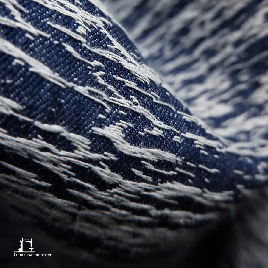 [Wiring] Lake surface water ripple pattern washed blue denim fabric DIY jacquard designer special fabric