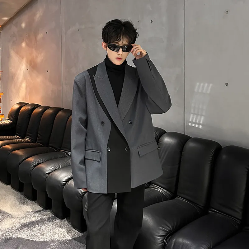 Asymmetric Color Blo Men's Suit Jaet Chic Design Loose Fit Premium Feel Polyester Fabric Urban Faion Spring Autumn