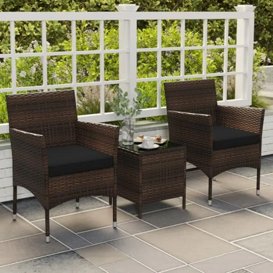 Tangkula 3 Pieces Patio Rattan Furniture Set Outdoor Conversation Set with PE Wicker Armchairs Tempered Glass Top Coffee Table