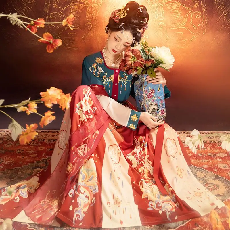 

‌ Комплект Ханьфу в стиле династии Тан 2026 года – топ с коротким рукавом и перекрестным воротником, юбка с завышенной талией и шарф, костюм Дуньхуан для восточных танцев для женщин