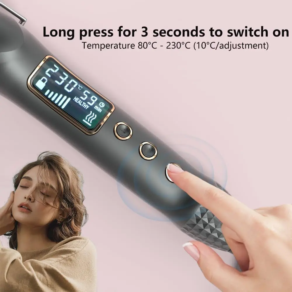 Hair Styling Wand Curler，9mm/19mm/22mm/25mm/28mm/32mm/38mm Long Barrel Curling Iron with LCD Display