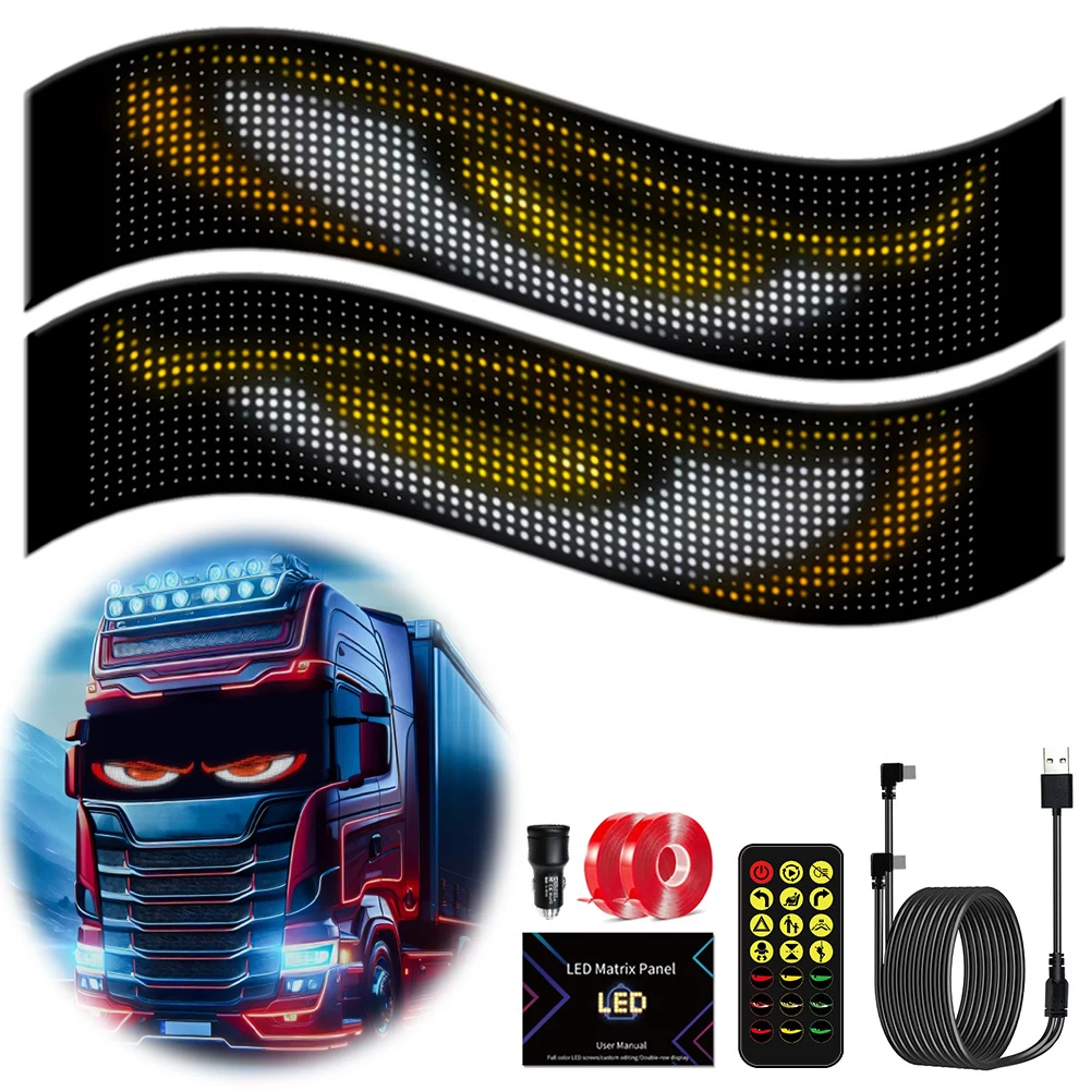 2Pcs DIY Programmable Flexible LED Display Scrolling Sign Light Truck Devil Eyes Light Bluetooth APP Control with Car Charger