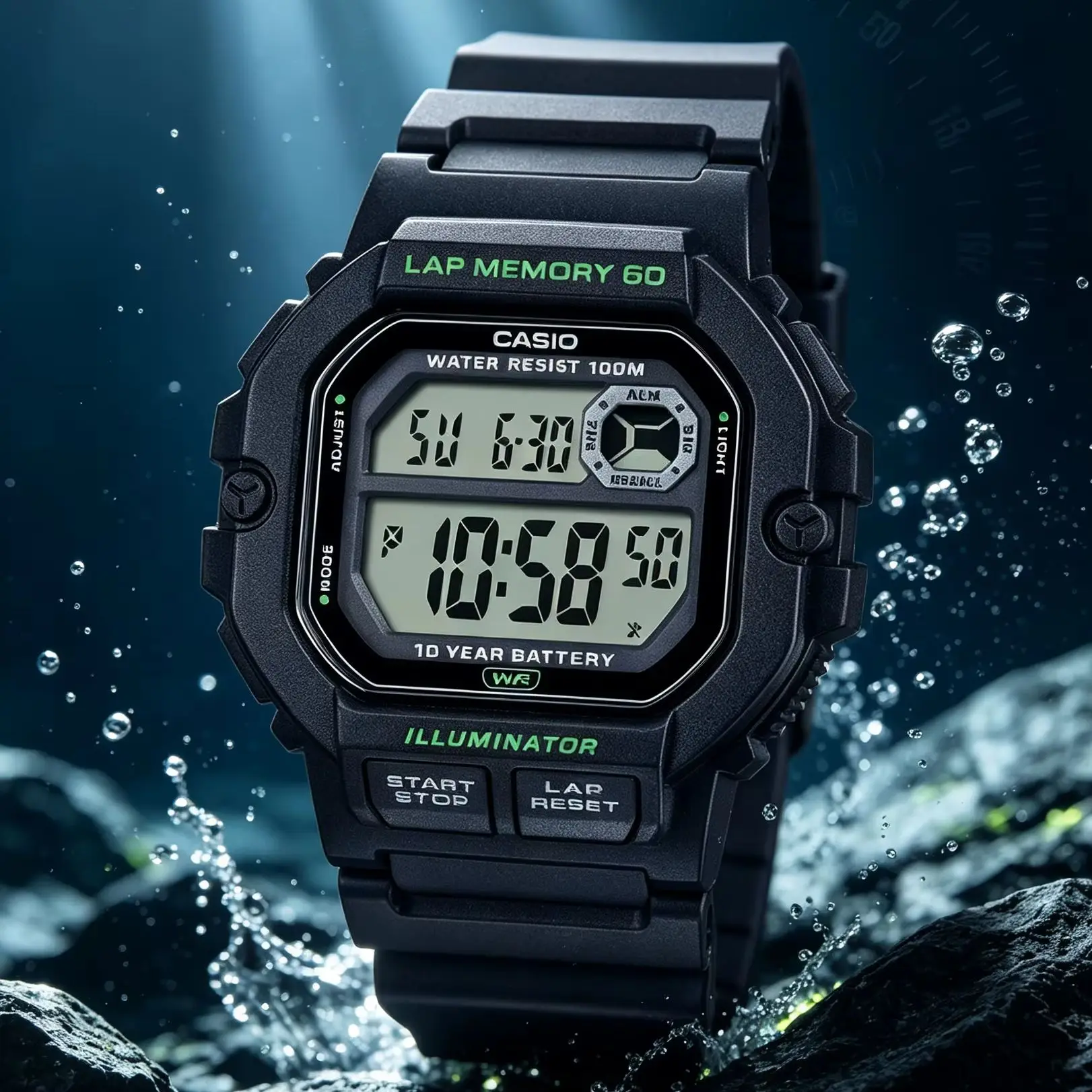 Casio WS‑1400H | Digital Men Quartz Watch | Resin Band | 100M Water Resistant | Stopwatch Timer | LED Light