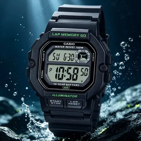 Casio WS‑1400H | Digital Men Quartz Watch | Resin Band | 100M Water Resistant | Stopwatch Timer | LED Light