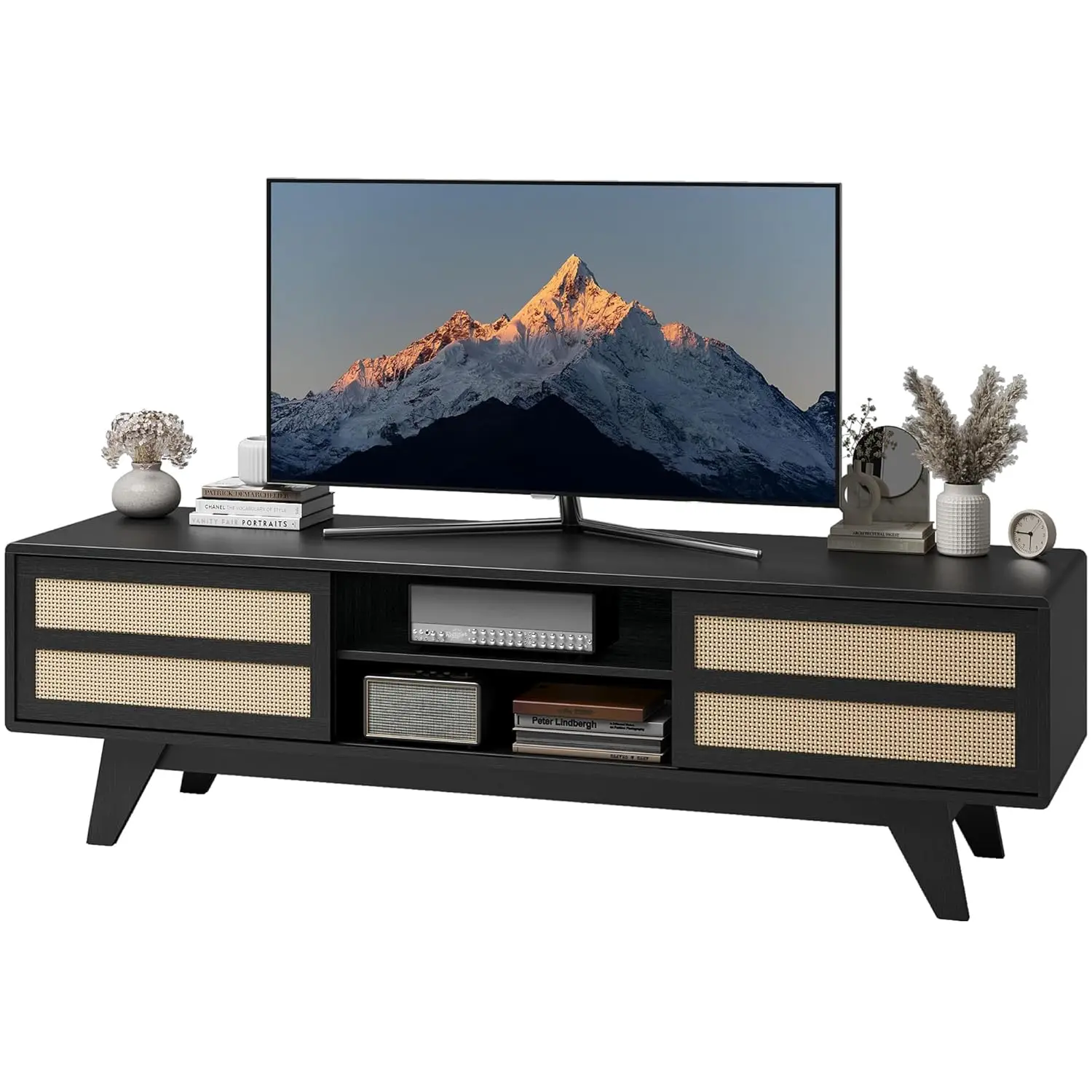 

TV Stand 70 Inch Console 2 Rattan Cabinets Adjustable Shelf Living Room Black, Customized