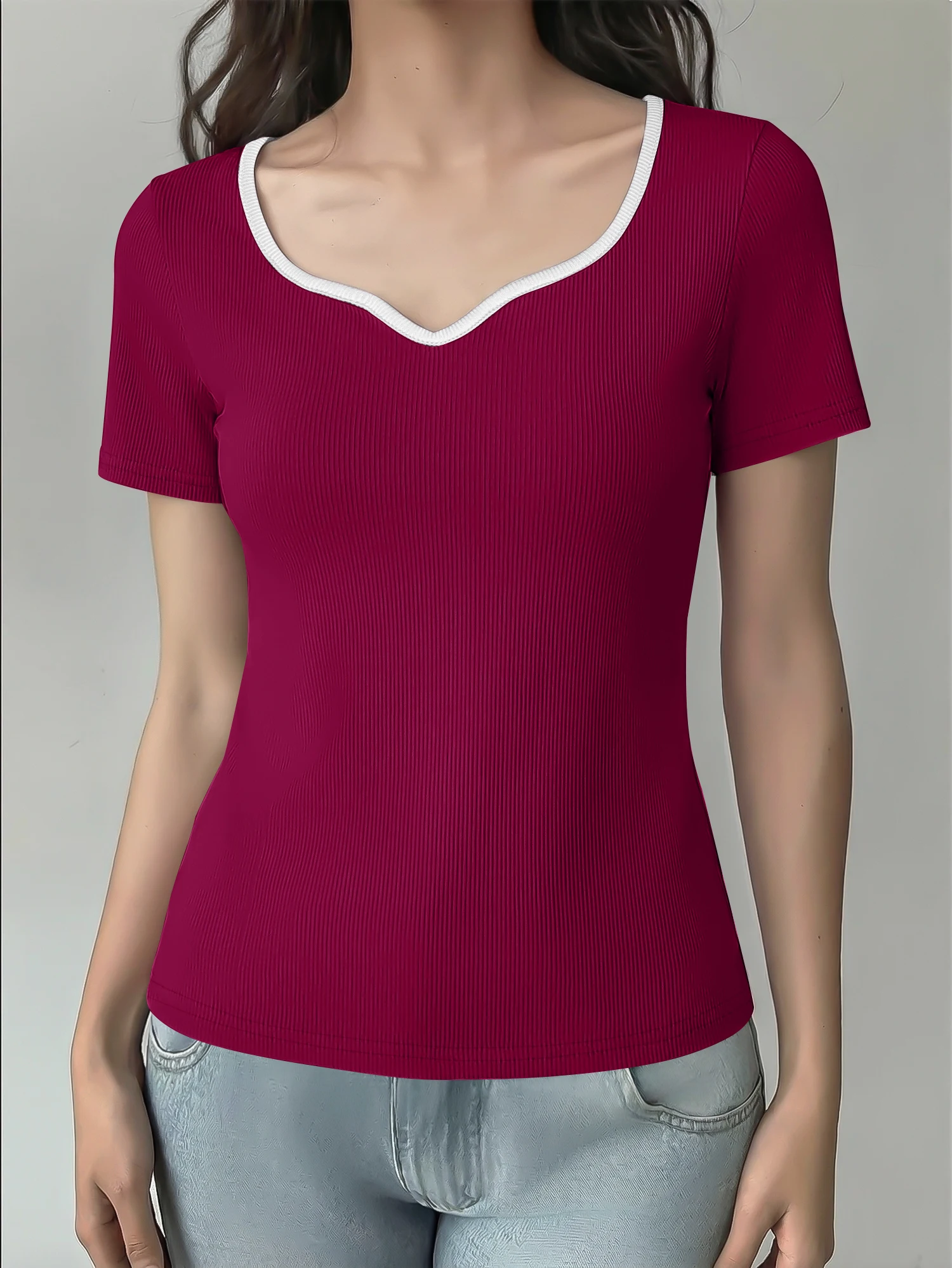 Off‑Duty Core Wardrobe Short‑Sleeve Tee, Edge‑Bound U‑Neck Rib Top for Weekend Errands & Casual Strolls