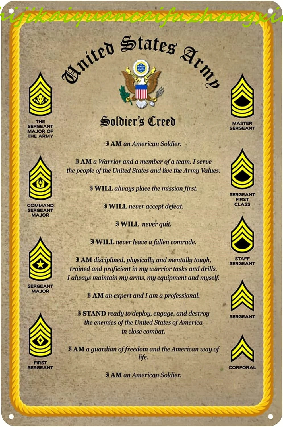 Vintage Metal Signs Military Rank Tin Sign US Army Soldier's Creed Poster Wall Art Decor Plaque for Home Bar Cafe Club Offic