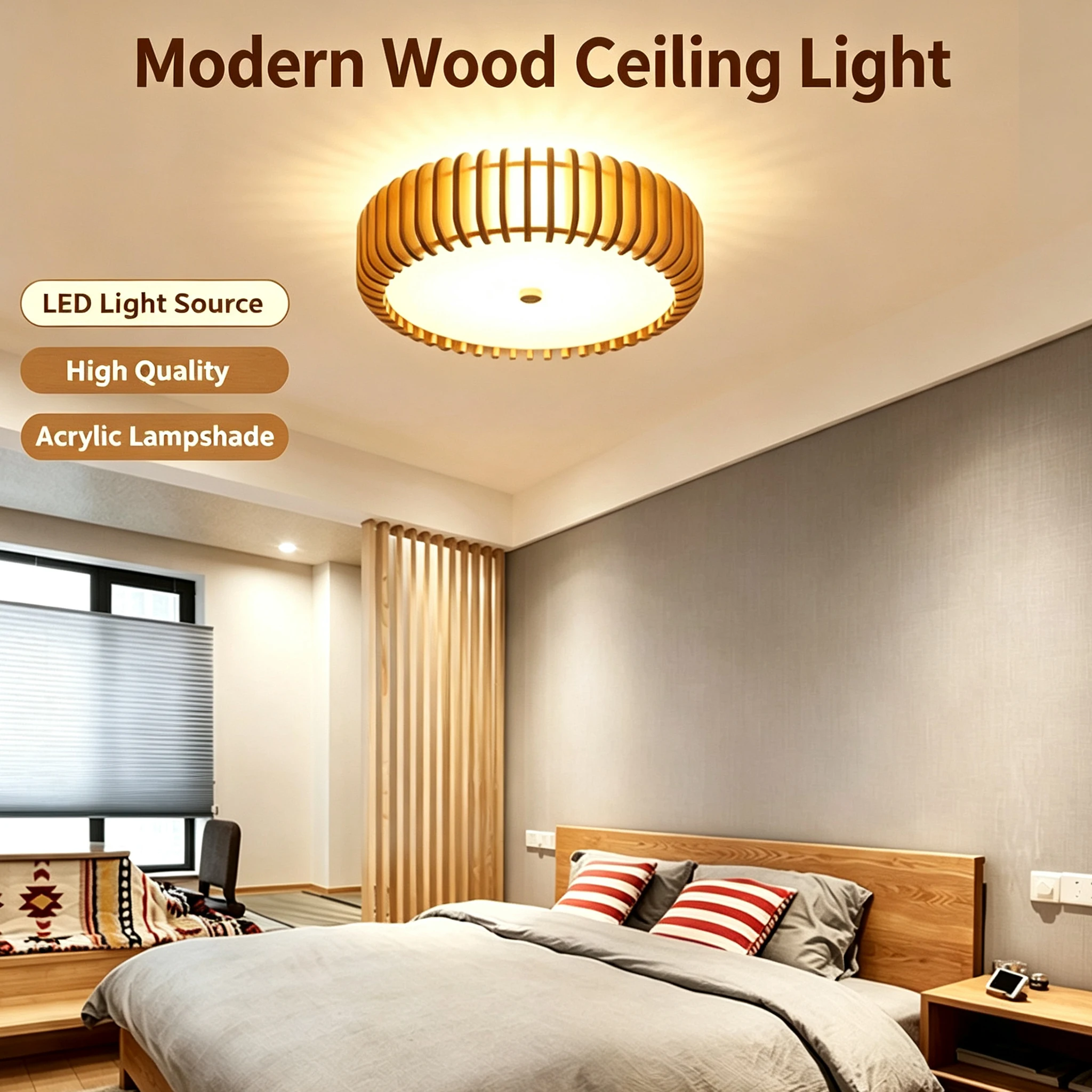 Japanese Natural Wood Ceiling Light Flush Mount Round Wood Frame LED Ceiling Lamp for Bedroom Living Room Study