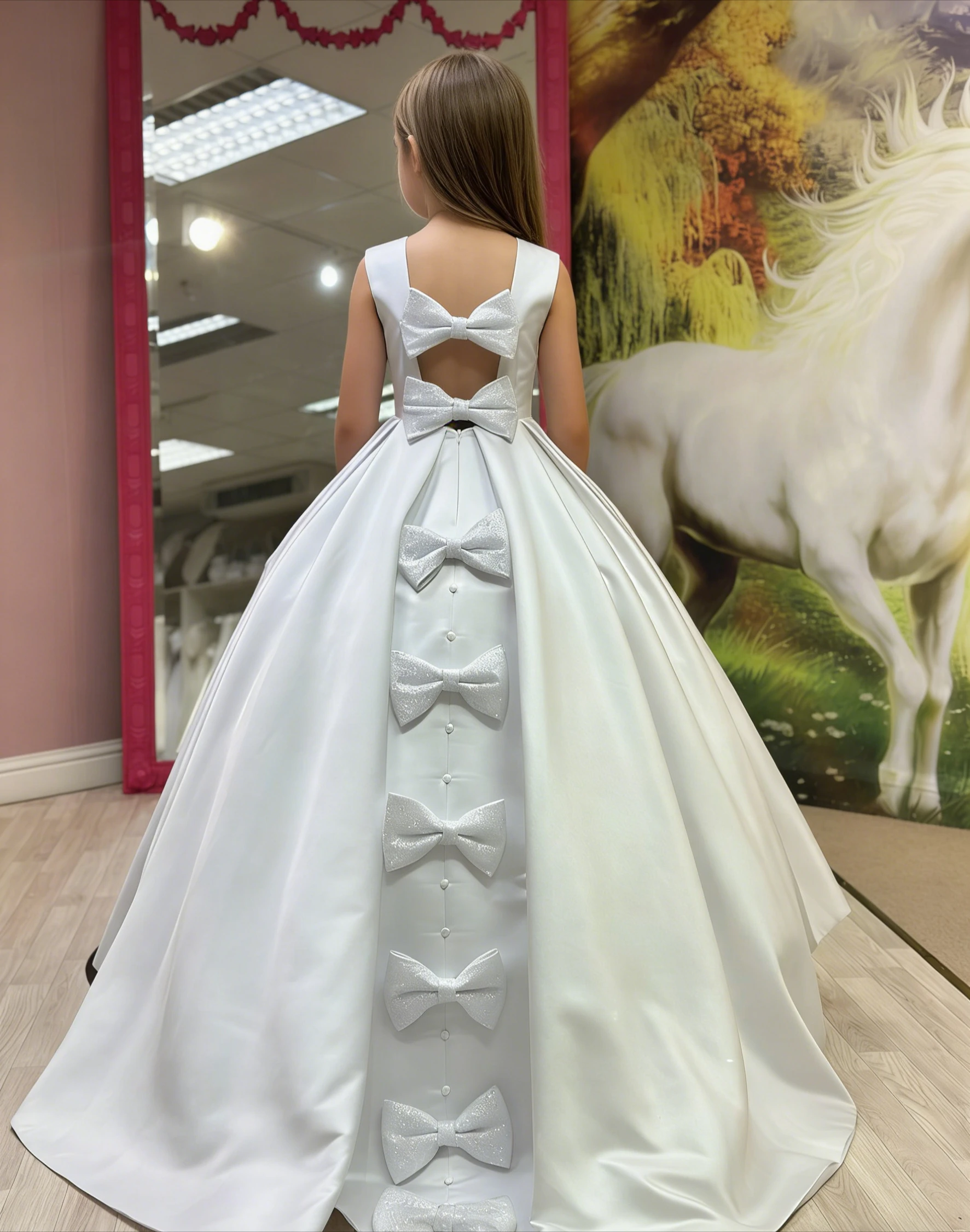 

Elegant Satin Flower Girl Dress for Wedding Square Collar Floor Lenght Kids Birthday Party First Communion Pageant Gown Custom