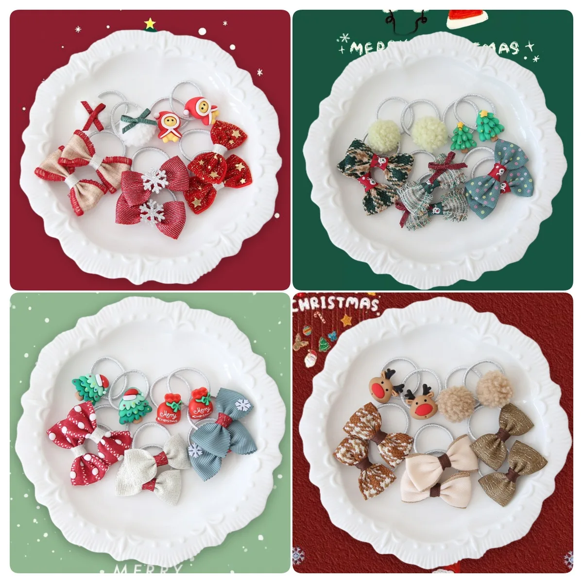 

10pcs Christmas Tree Girls Hair Ties Butterfly Bow Snowflora Headwear Headband Flower Rubber Elastic Children Hair Accessories