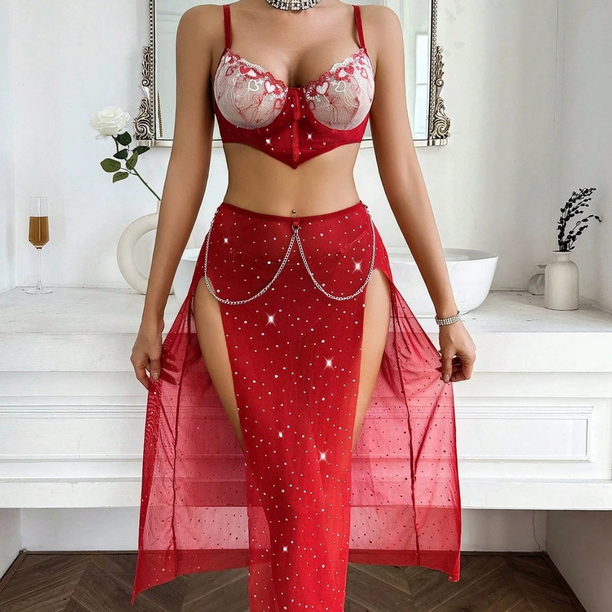 

Sexy Red Embroidered Lingerie Set Open-Crotch Bra Three-Piece Ensemble for Women's Underwear Trendy Adult Costume