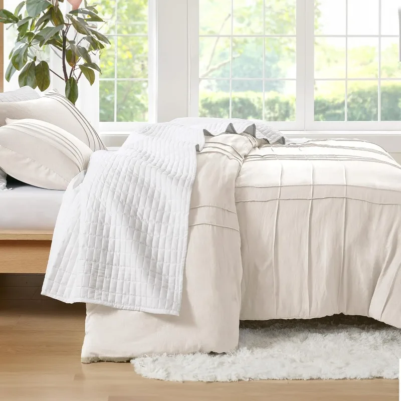 Cream King Size Duvet Cover Set - 3 Pieces Pintuck Pleated Duvet Cover King, All Season Lightweight, Extra Softness Pre-Washed