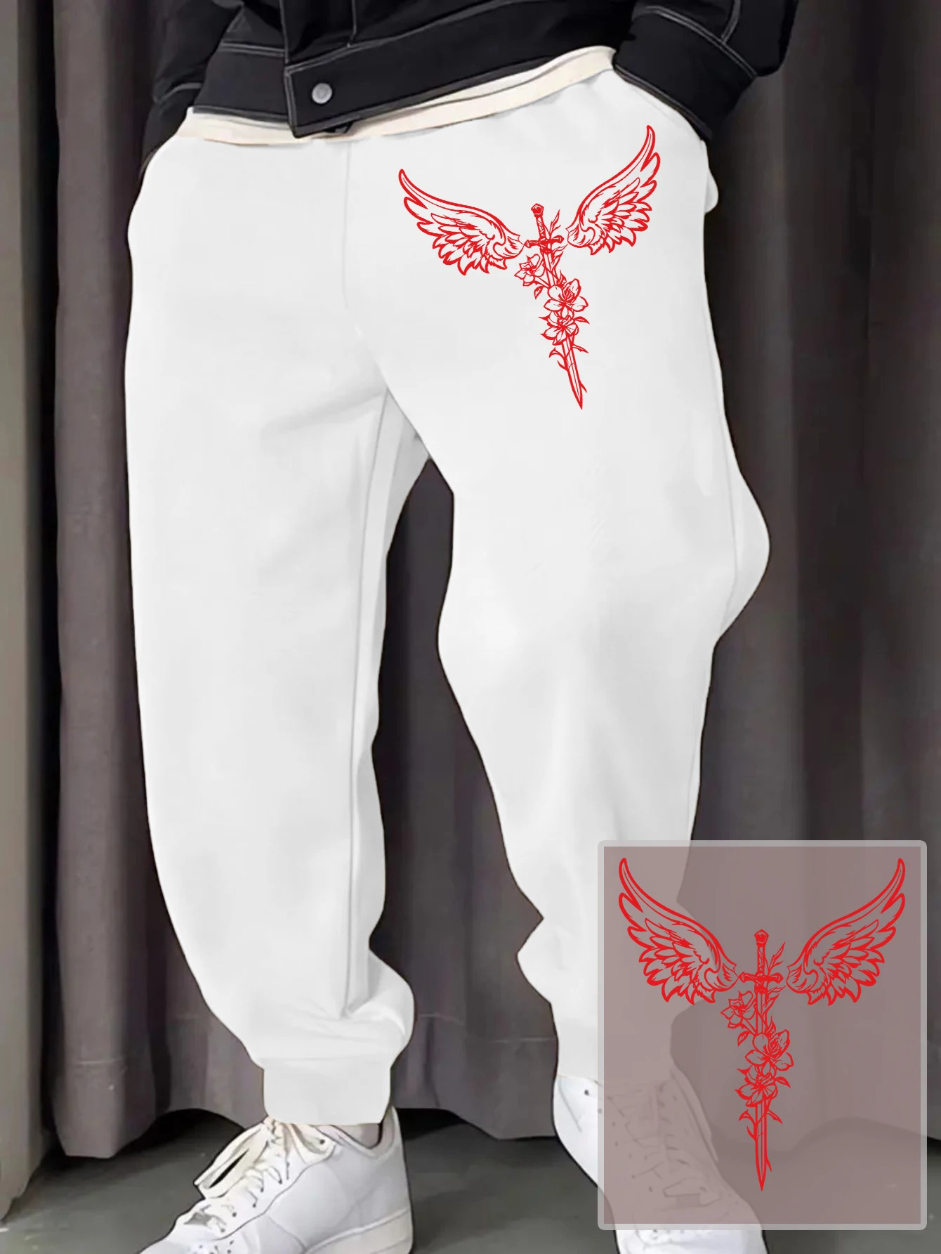 Angel Wings Sword With Blooms Printing Men'S Sweatpants Street Warm Clothing Drawstring Jogging Trouser Fleece Autumn Long Pants