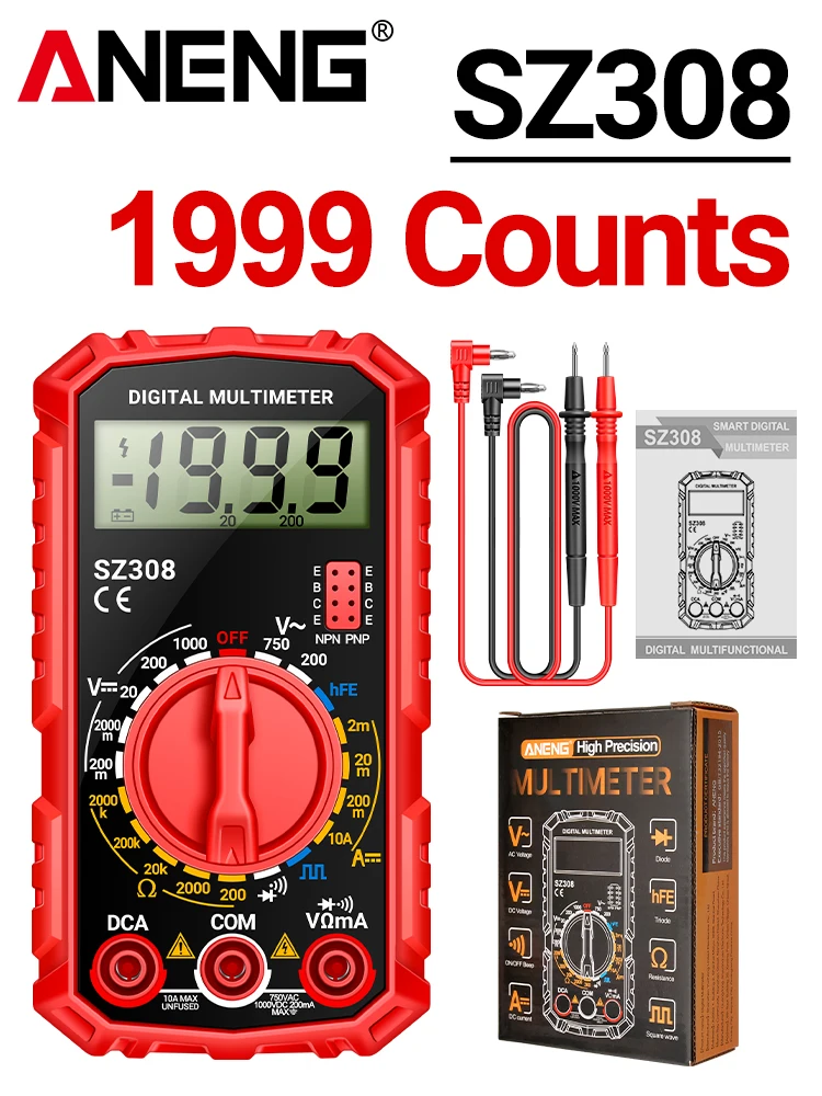 ANENG SZ308 Blokgolf Digitale Tester 1999 Telt HFE Triode Zoemer Multimeter AC/DC Spanning 10A Stroom Multimeters Meter Tool