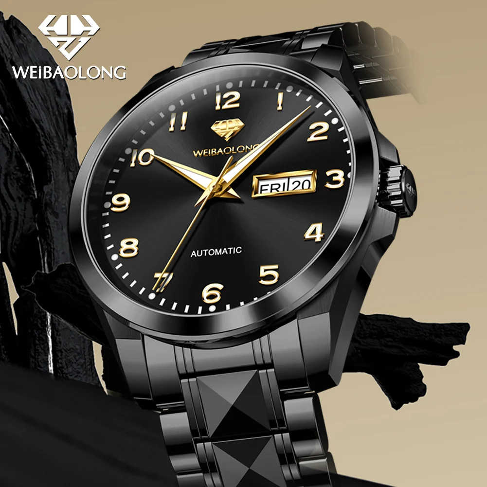 WEIBAOLONG Luxury Mens Watch Real Gold Automatic Mechanical Watch 50M Waterproof Week Date Watch for Man Gifts Box Reloj 3811