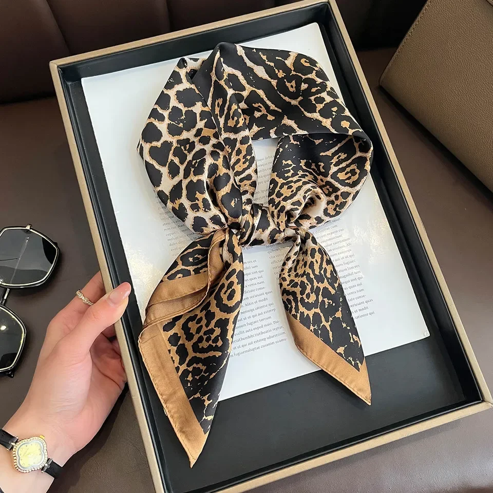 

Luxury Leopard Print Satin Silk Square Scarf for Women Shawl Hijab Neckerchief Female Hair Ribbon Headband Fashion Wrap Bandana