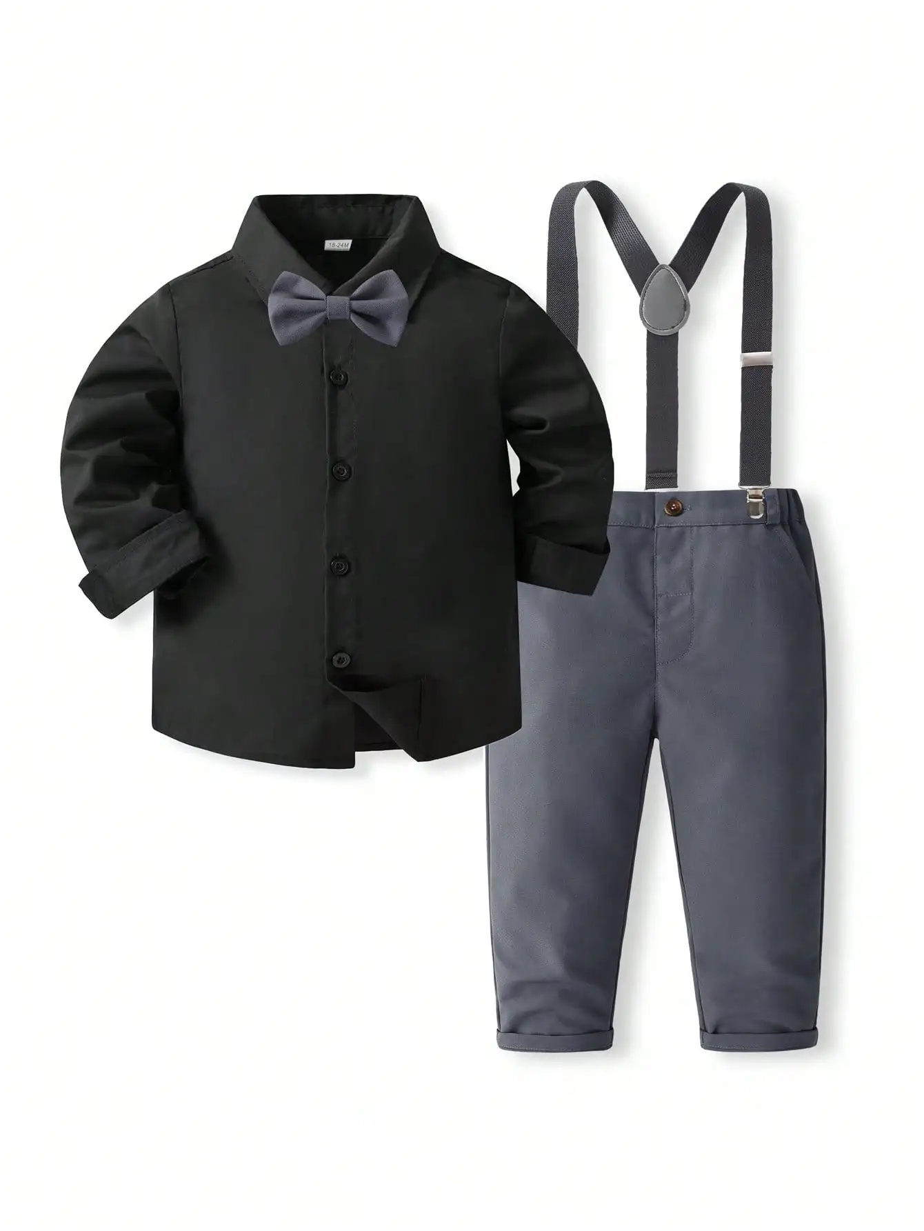 

Формальный комплект из 2 предметов для мальчиков: черная рубашка с длинным рукавом и галстуком-бабочкой и серые брюки на подтяжках