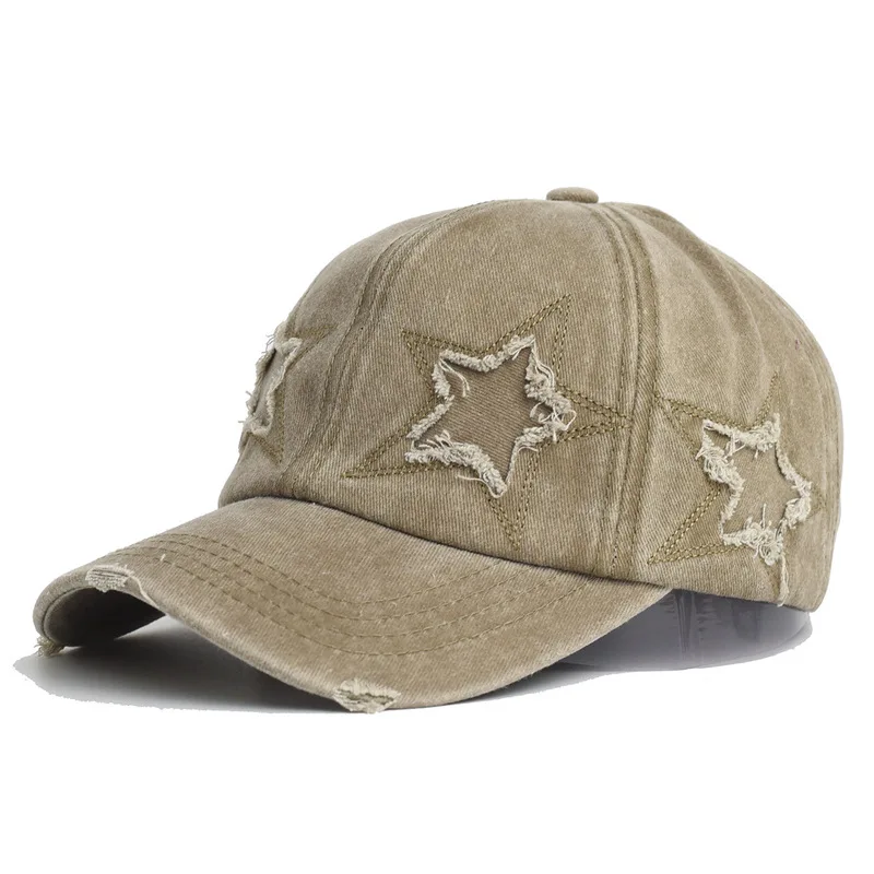 Washed baseball cap with five-pointed star embroidery, versatile solid color distressed sun hat, ripped sun protection hat