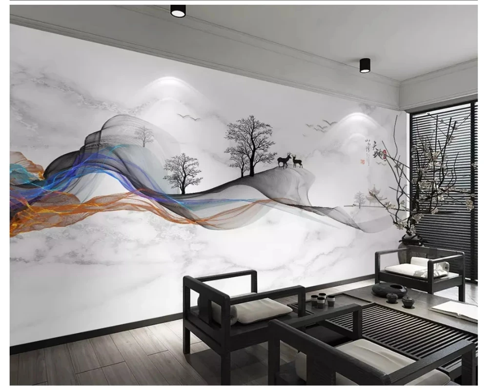 Customized Chinese hand-painted personality Mural abstract line marbled artistic conception landscape elk wallpaper tree deer 3d