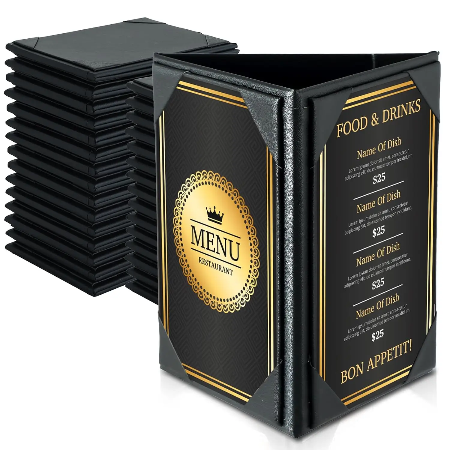 Table Tent Triangle Menu Holders 4"" X 6"", 30 Pack 3-Side Leatherette Picture Frames, Menu Cover With Angled Corners For