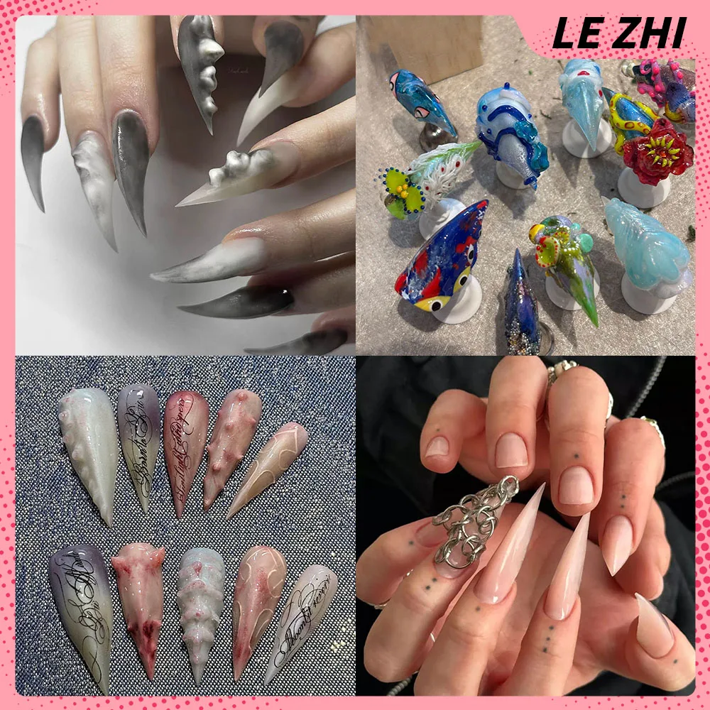 Gothic Dark Cool Girl Press On Nails Metal Chain Rivet Smoke Gradient 3D Skeleton Texture Flame Line Handmade Fake Nails Gifts