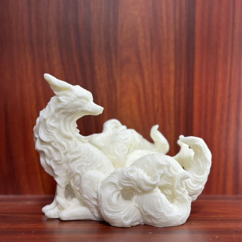 Tagua Nut Carved Nine-Tailed Fox Statue - Natural Vegetable Ivory Spirit Fox Figurine, Tea Table Ornament & Craft