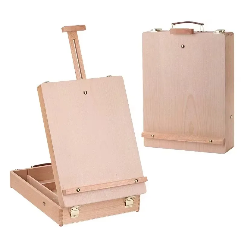 Portable Wooden Sketch Box Easel Tabletop Artist Painting Box Adjustable Drawing Easel Storage Art Supply for Acrylic Oil Canvas