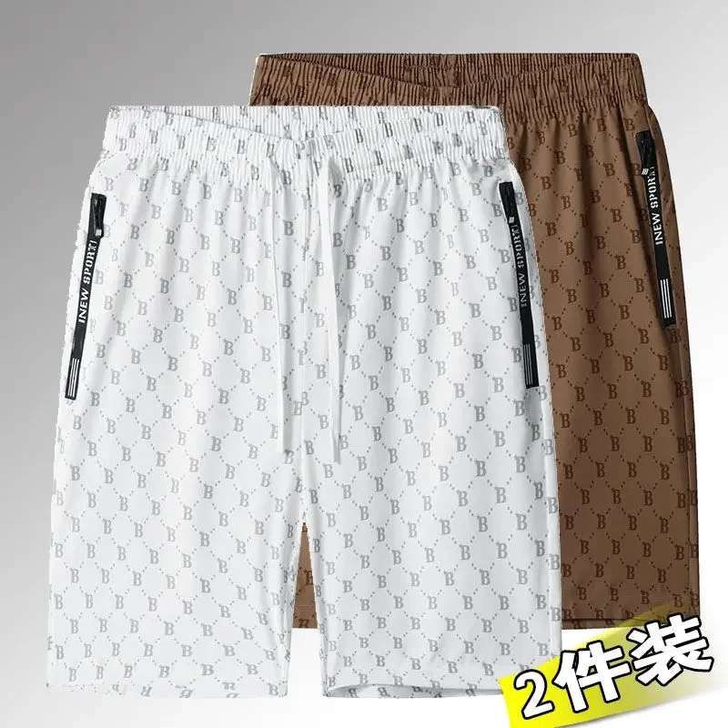 Pantalones cortos de verano de seda de hielo para hombre, pantalones cortos de baloncesto de ocio, deportes de Fitness, pantalones finos de secado rápido, pantalones de playa de cinco puntos, marea