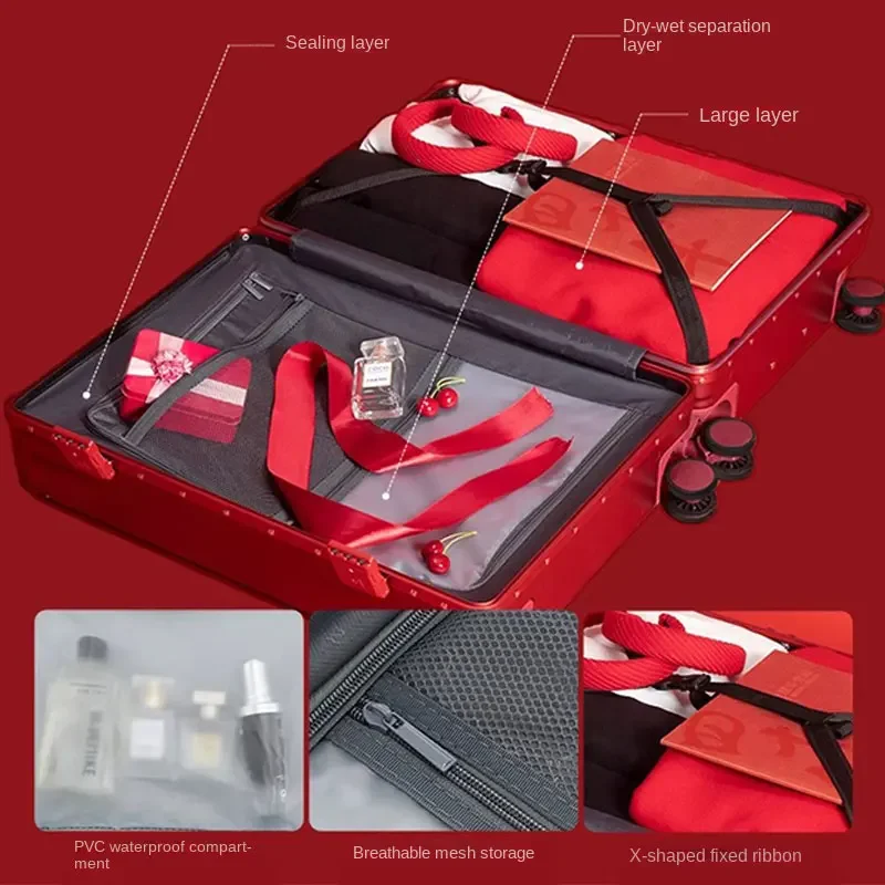 Red Wedding Suitcase with Cup Holder Wet & Dry Separation Aluminum Frame Trolley Case 20/22/24/26 Silent Universal Wheel Luggage