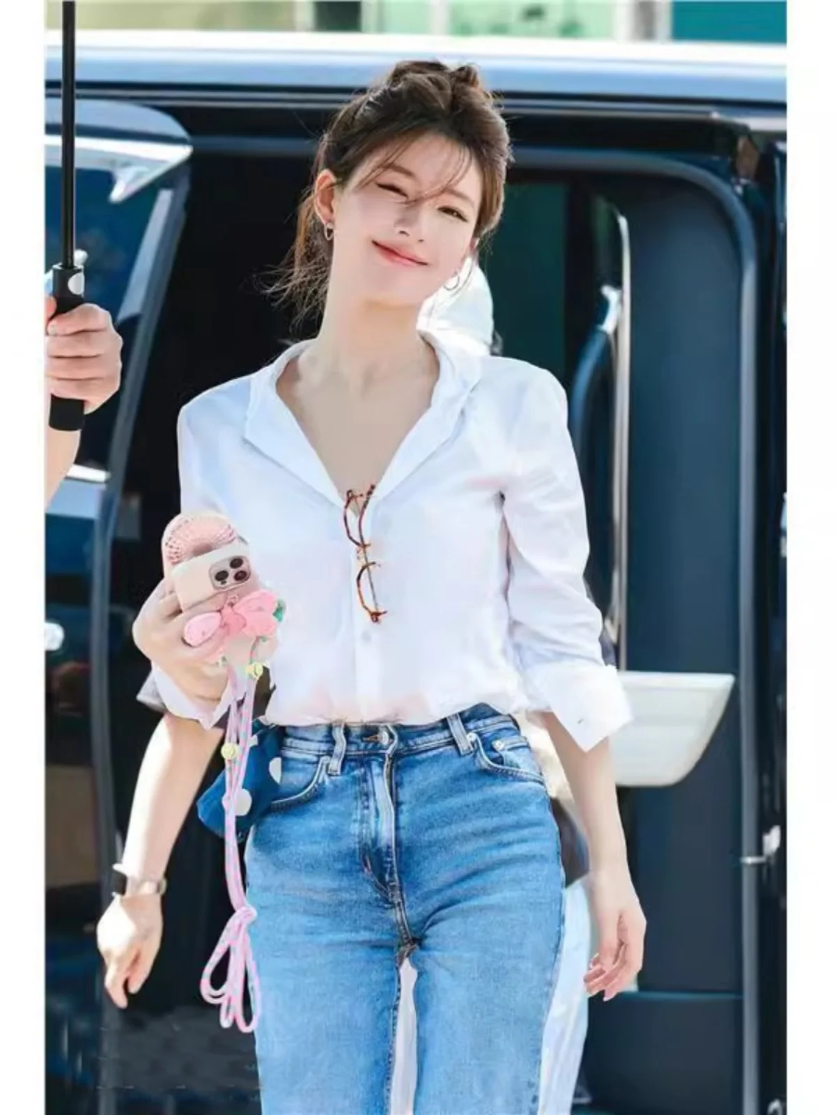 

Paris Daydream Stylish Cotton Shirt And Jeans Casual Slim Fit Long Sleeve V Neck Pure Color Business Sister Image Cotton