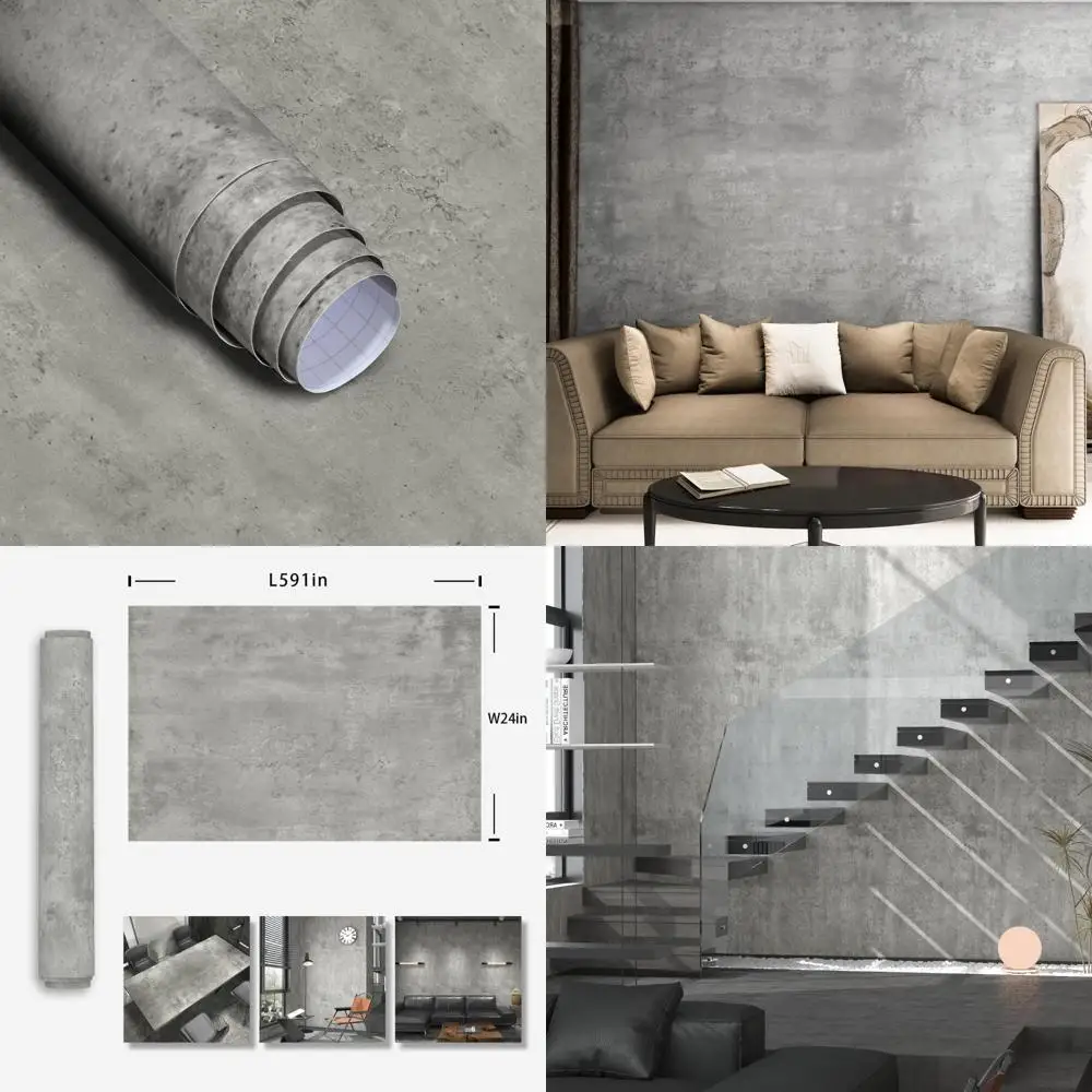 ورق جدران قابل للتقشير واللصق من الخرسانة الرمادية الصناعية مقاس 24 × 591، ورق اتصال ذاتي اللصق سميك غير لامع للجدران و