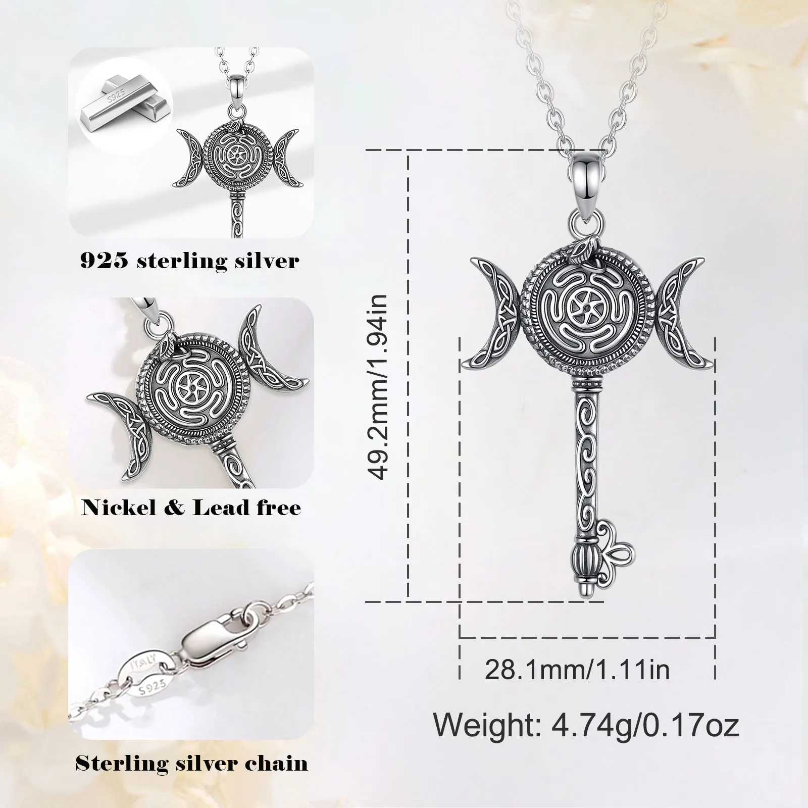 AEONSLOVE 925 Sterling Silver Hecate Wheel Necklace Key Snake Triple Moon Goddess Pendant Pagan Witch Jewelry Gift for Women Man