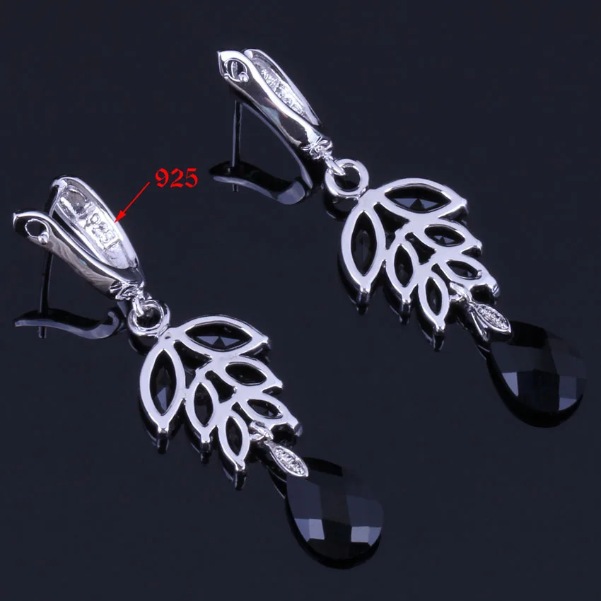 Flawless Water Drop Black Cubic Zirconia Silver Plated Drop Dangle Earrings V1007