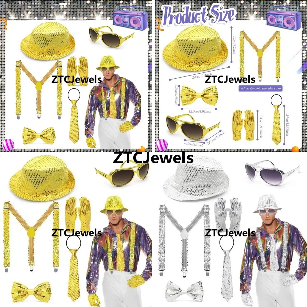 Traje de Lentejuelas para Cosplay, Sombrero Plateado, Guantes, Corbata, Tirantes, Conjunto para Hombre Adulto, Brillante, para Actuaciones de Jazz, Disfraz de Fiesta de Halloween