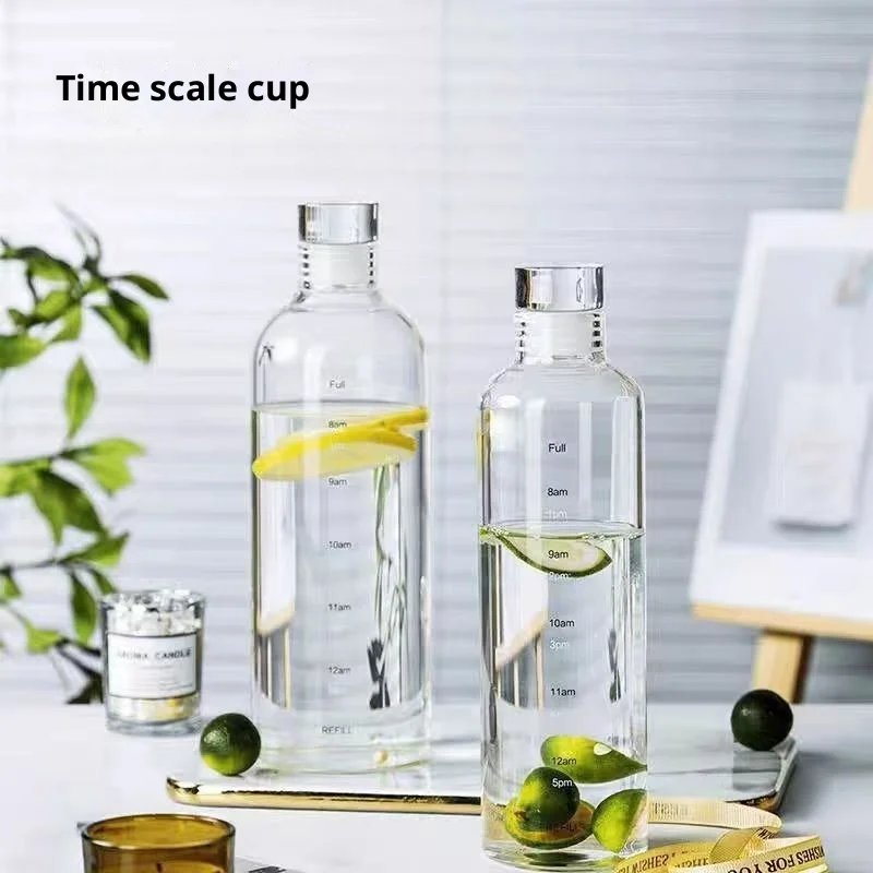 

1pc 1000ml High Borosilicate Glass Water Bottle Portable Sports Leak Proof Water Cup with Time Marker Transparent Sports Bottle