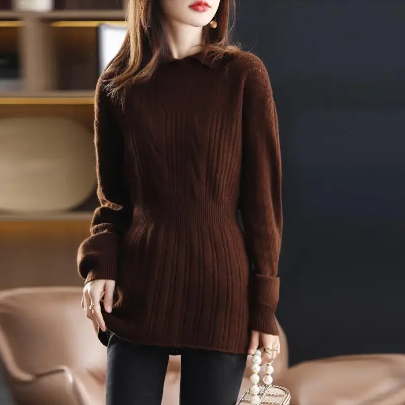 

Female Clothing Stylish Hollow Out Jumpers Commute Turn-down Collar Autumn Winter Korean Solid Color Waist Knitted Sweaters N02