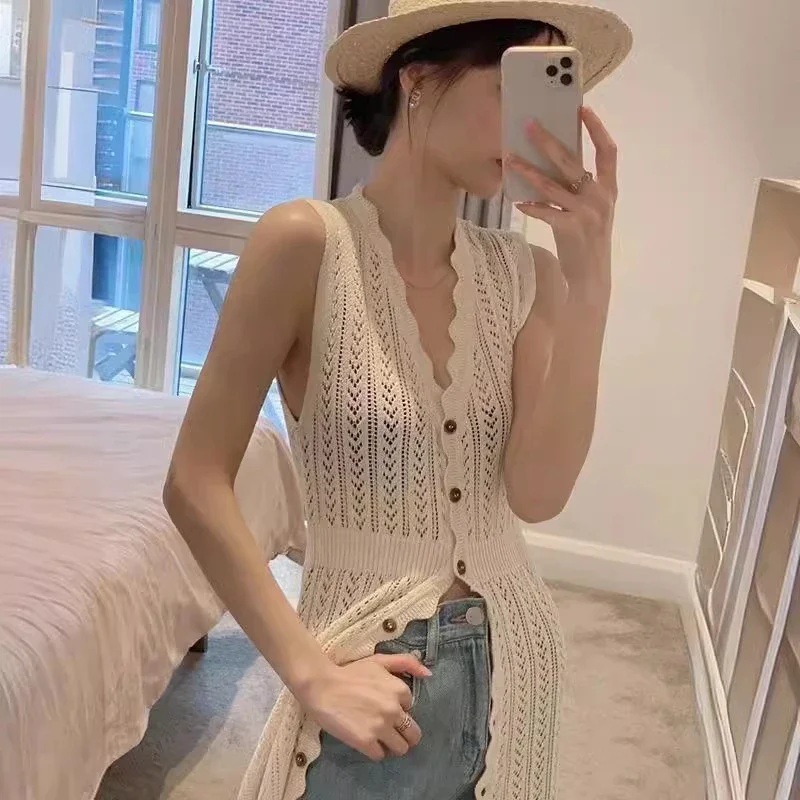 Summer cardigan dress sleeveless knit sweater V-neck mid-length lace women hollow 2024 Korean chic knit button cardigan